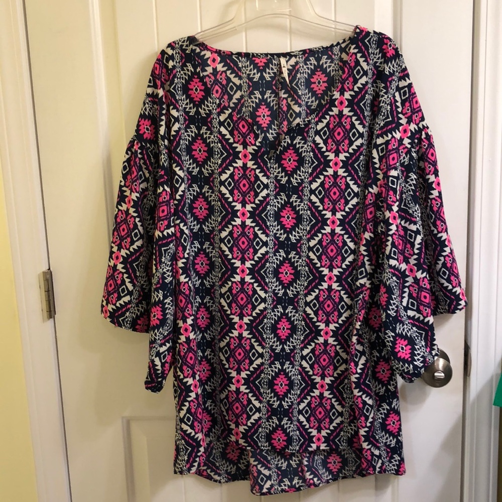 Dressy pink and navy printed blouse